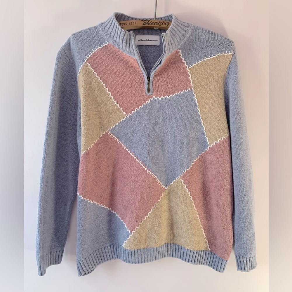 Alfred Dunner Pastel Patchwork Blue & Pink Sweater Embroidered 1/4 Zip Sz M